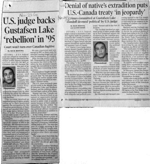 00.Nov23 and Nov 24 US judge backs GL rebellion in 95 AND Denial of natives extradition puts US-Canada treaty in jeopardy