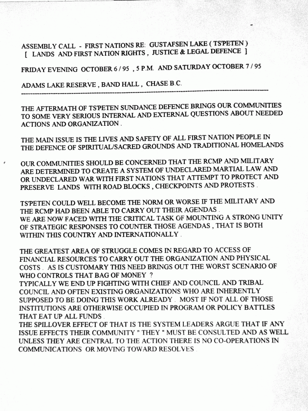 95 Oct 5-6 Adams Lake meeting and statement