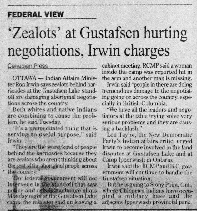 95 Sept VanSun.CP Zealots at Gustafsen hurting negotiations Irwin charges
